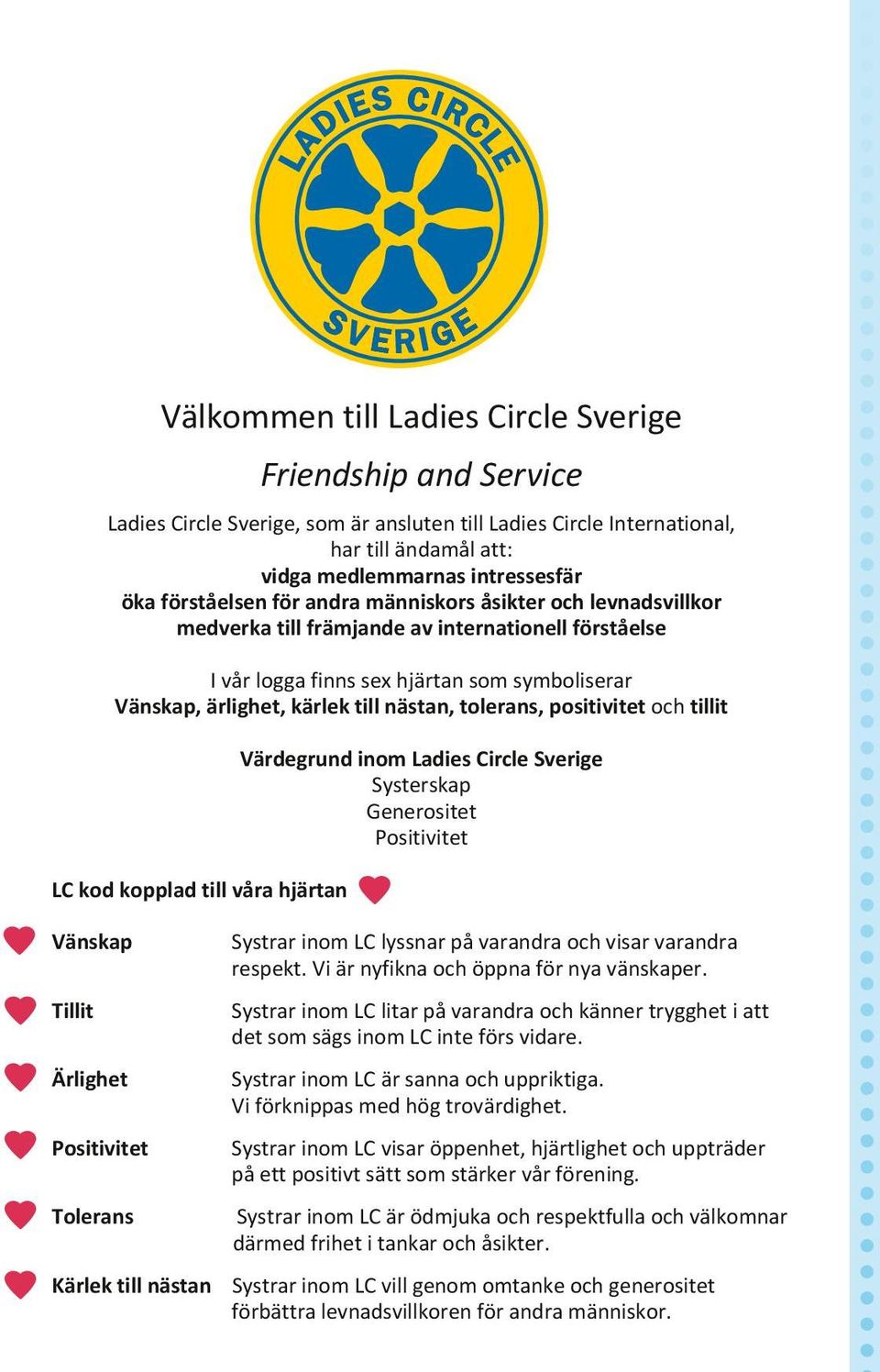 tolerans, positivitet och tillit LC kod kopplad till våra hjärtan Värdegrund inom Ladies Circle Sverige Systerskap Generositet Positivitet Vänskap Systrar inom LC lyssnar på varandra och visar