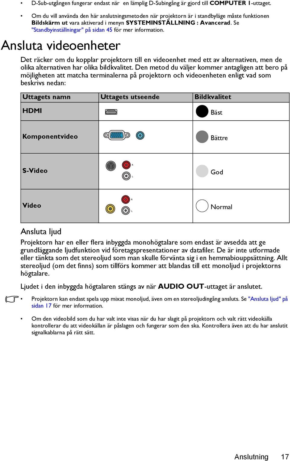 Se "Standbyinställningar" på sidan 45 för mer information.