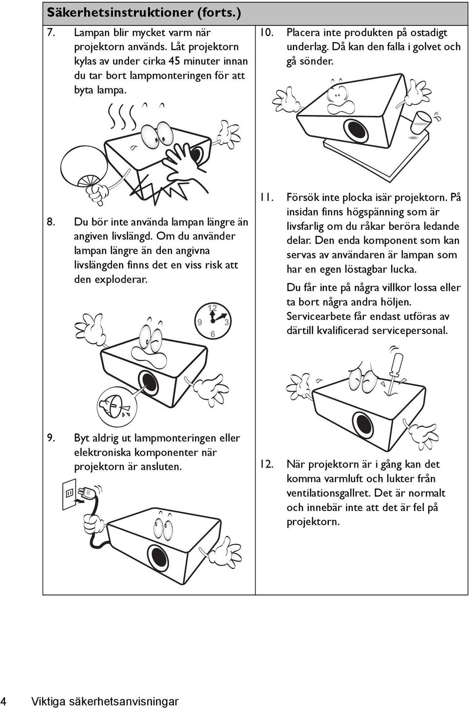 Om du använder lampan längre än den angivna livslängden finns det en viss risk att den exploderar. 11. Försök inte plocka isär projektorn.