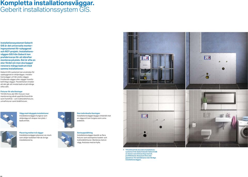 Geberit GIS-systemet kan användas för uppbyggnad av skiljeväggar, installationsväggar ut från andra väggar, fristående väggar eller väggar framför befintliga väggar.