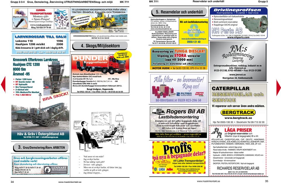 se Ring Tel 026-19 70 44 Rullar och ställ LARVKROSSAR TILL SALU Lokomo 110 1996 Haahjem 1206 m/sikt 2000 Båda krossarna är i gott skick och i daglig drift.