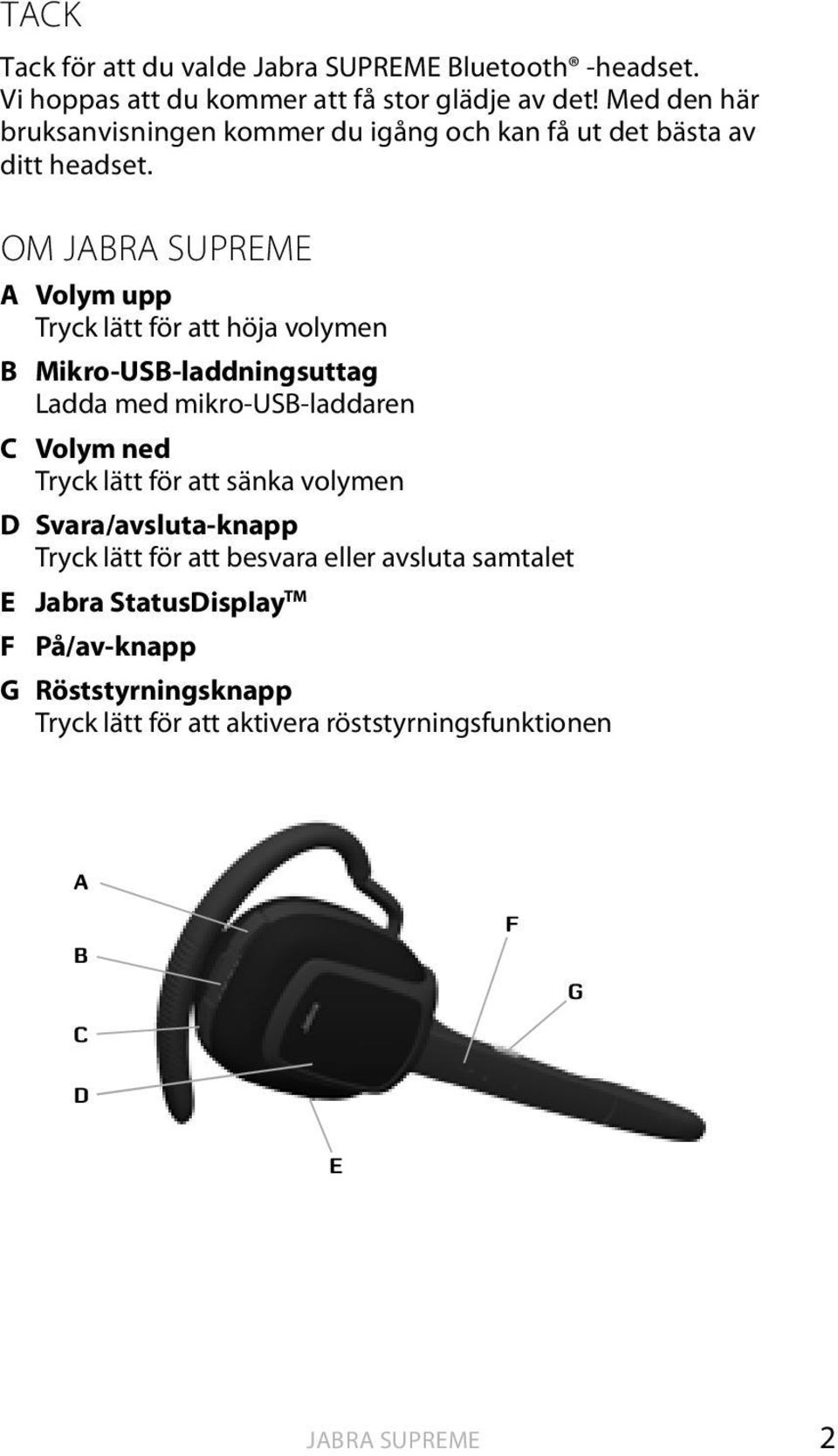 OM JABRA SUPREME A Volym upp Tryck lätt för att höja volymen B Mikro-USB-laddningsuttag Ladda med mikro-usb-laddaren C Volym ned Tryck