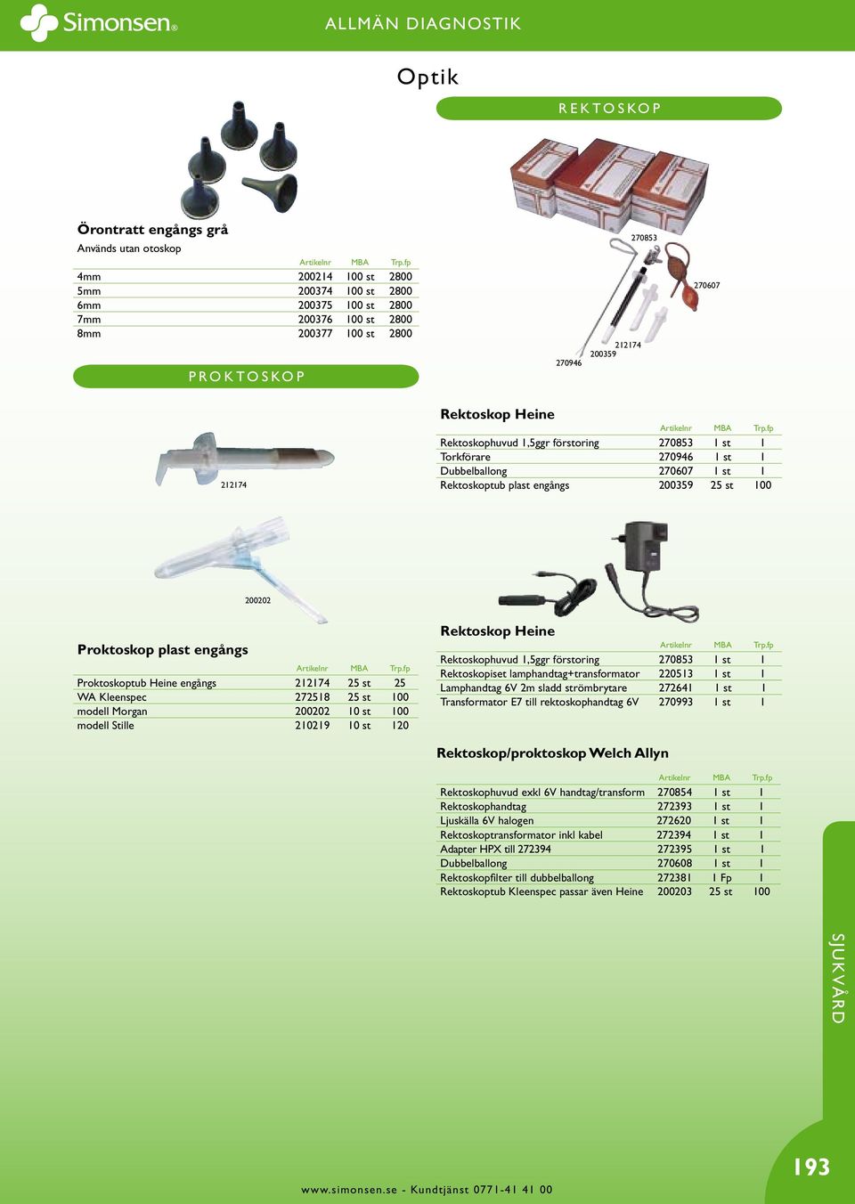 engångs 200359 25 st 100 200202 Proktoskop plast engångs Proktoskoptub Heine engångs 212174 25 st 25 WA Kleenspec 272518 25 st 100 modell Morgan 200202 10 st 100 modell Stille 210219 10 st 120