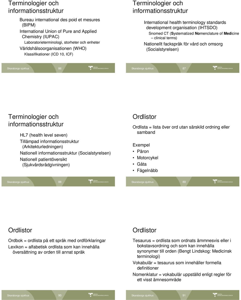 (Systematized Nomenclature of Medicine clinical terms) Nationellt fackspråk för vård och omsorg (Socialstyrelsen) 86 87 Terminologier och informationsstruktur HL7 (health level seven) Tillämpad