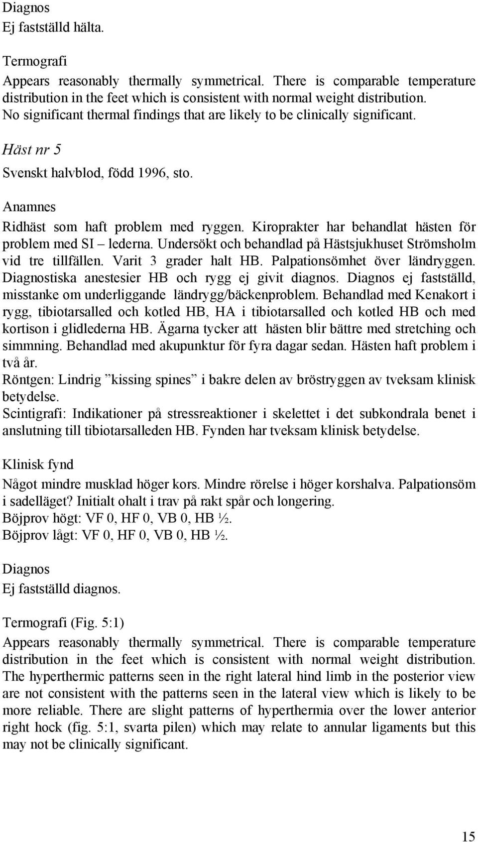 Kiroprakter har behandlat hästen för problem med SI lederna. Undersökt och behandlad på Hästsjukhuset Strömsholm vid tre tillfällen. Varit 3 grader halt HB. Palpationsömhet över ländryggen.