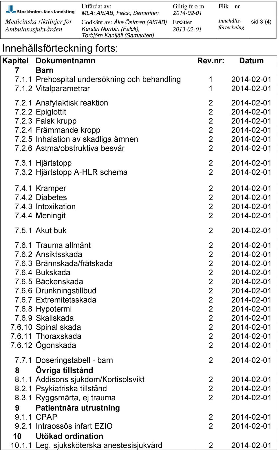 4.1 Kramper 2 7.4.2 Diabetes 2 7.4.3 Intoxikation 2 7.4.4 Meningit 2 7.5.1 Akut buk 2 7.6.1 Trauma allmänt 2 7.6.2 Ansiktsskada 2 7.6.3 Brännskada/frätskada 2 7.6.4 Bukskada 2 7.6.5 Bäckenskada 2 7.6.6 Drunkningstillbud 2 7.