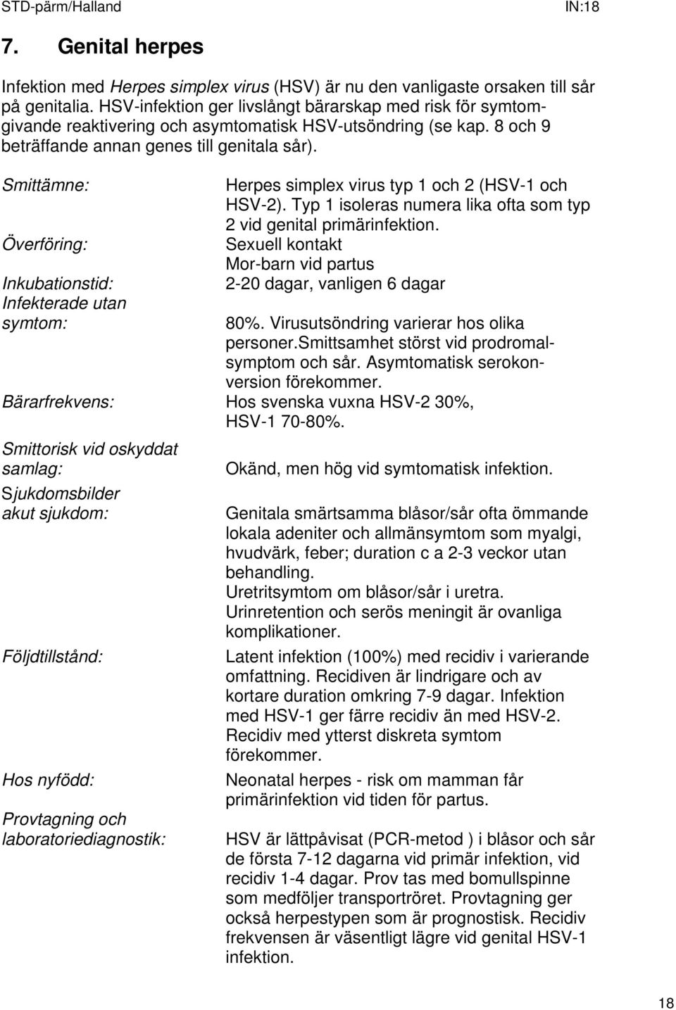 Smittämne: Överföring: Inkubationstid: Infekterade utan symtom: Herpes simplex virus typ 1 och 2 (HSV-1 och HSV-2). Typ 1 isoleras numera lika ofta som typ 2 vid genital primärinfektion.