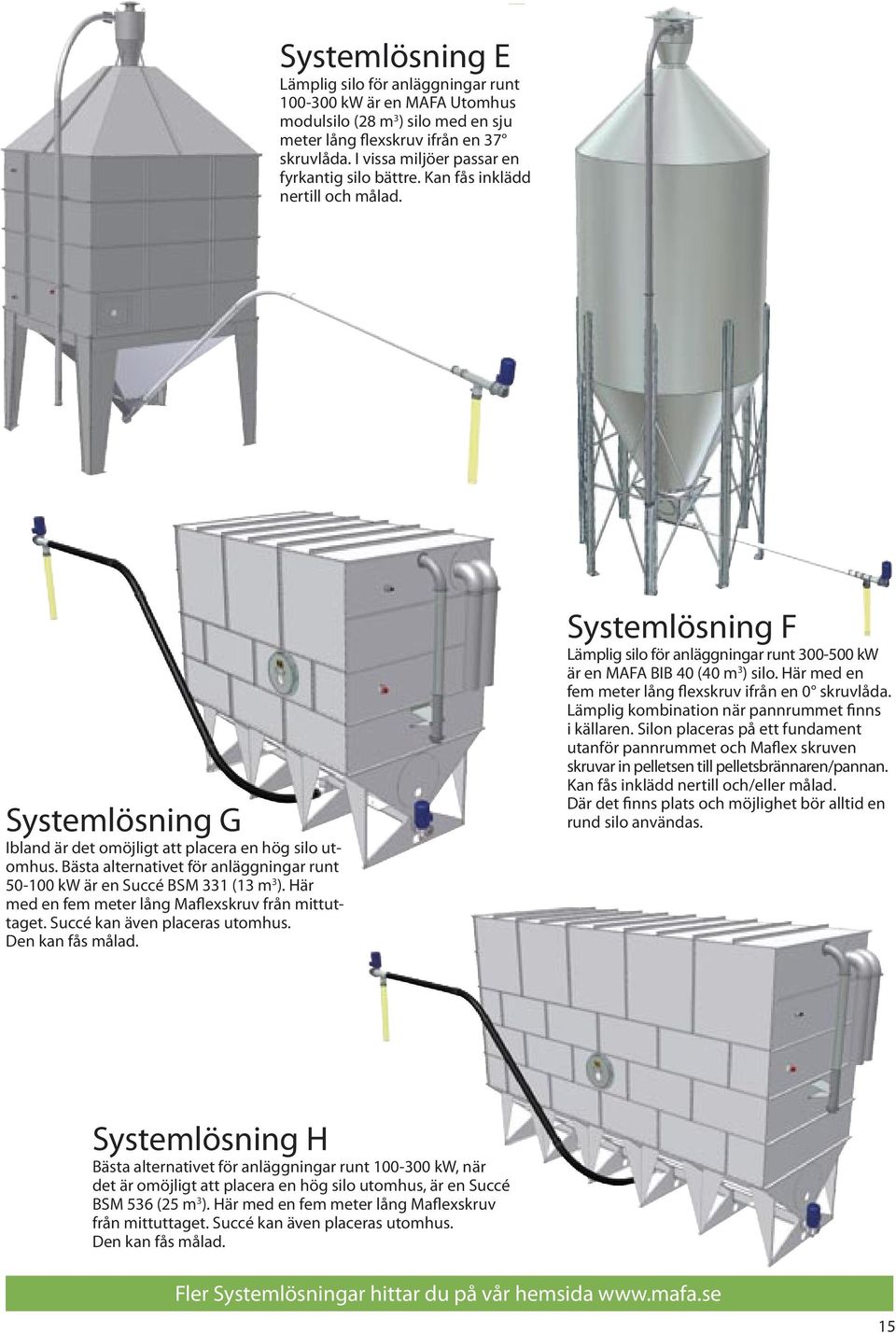 Bästa alternativet för anläggningar runt 50-100 kw är en Succé BSM 331 (13 m 3 ). Här med en fem meter lång Maflexskruv från mittuttaget. Succé kan även placeras utomhus. Den kan fås målad.