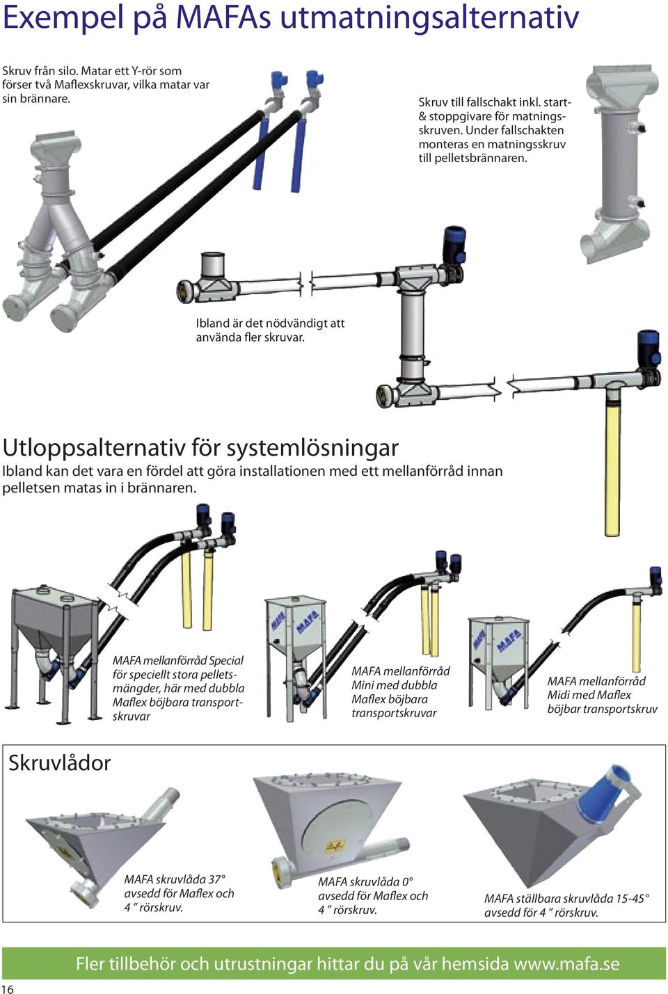 Utloppsalternativ för systemlösningar Ibland kan det vara en fördel att göra installationen med ett mellanförråd innan pelletsen matas in i brännaren.