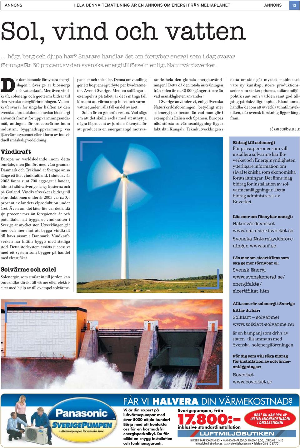 De dominerande förnybara energislagen i Sverige är bioenergi och vattenkraft. Men även vindkraft, solenergi och geotermi bidrar till den svenska energiförbränningen.