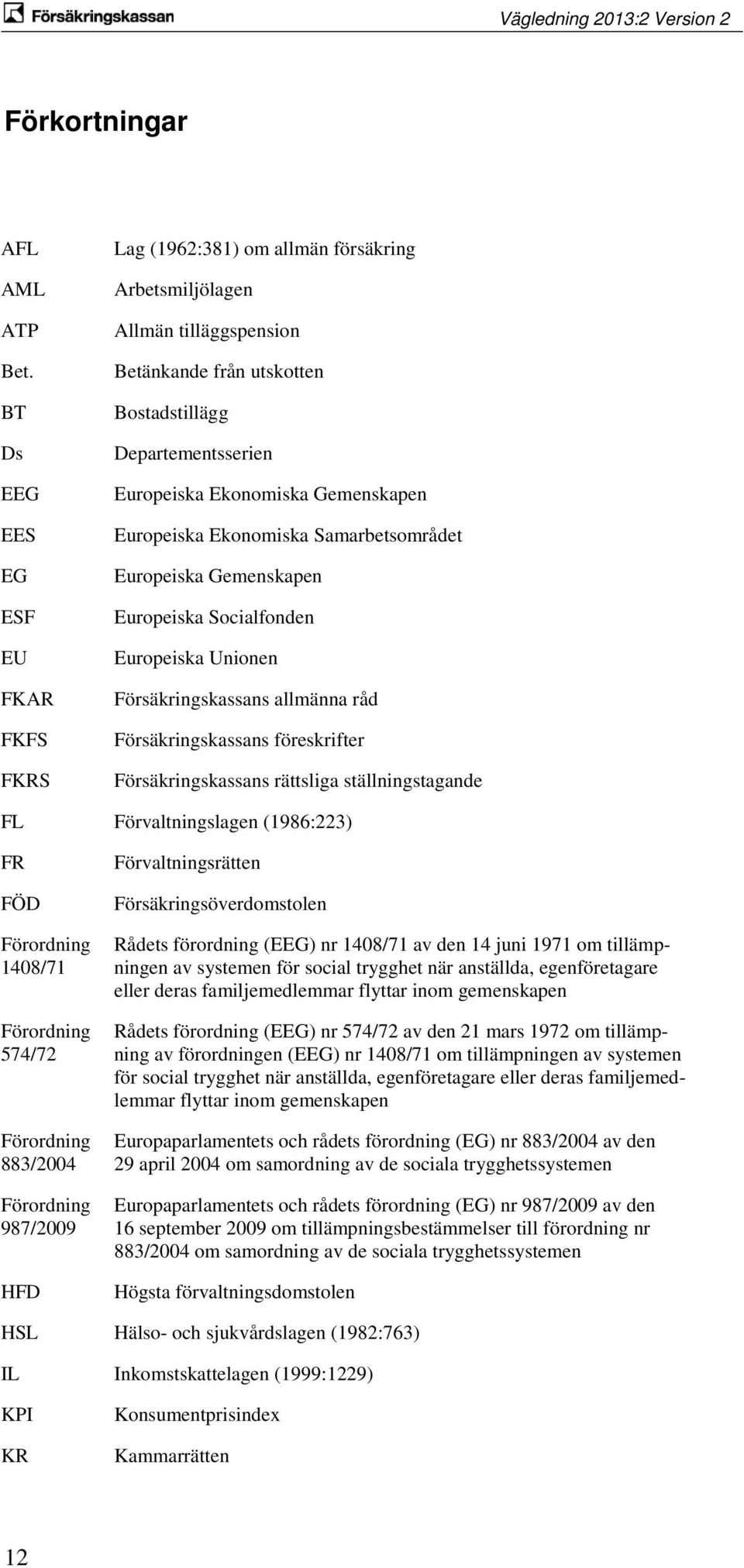 Gemenskapen Europeiska Ekonomiska Samarbetsområdet Europeiska Gemenskapen Europeiska Socialfonden Europeiska Unionen Försäkringskassans allmänna råd Försäkringskassans föreskrifter Försäkringskassans