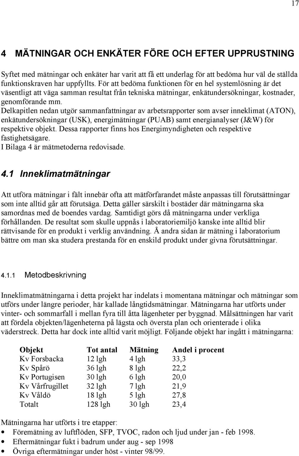 Delkapitlen nedan utgör sammanfattningar av arbetsrapporter som avser inneklimat (ATON), enkätundersökningar (USK), energimätningar (PUAB) samt energianalyser (J&W) för respektive objekt.