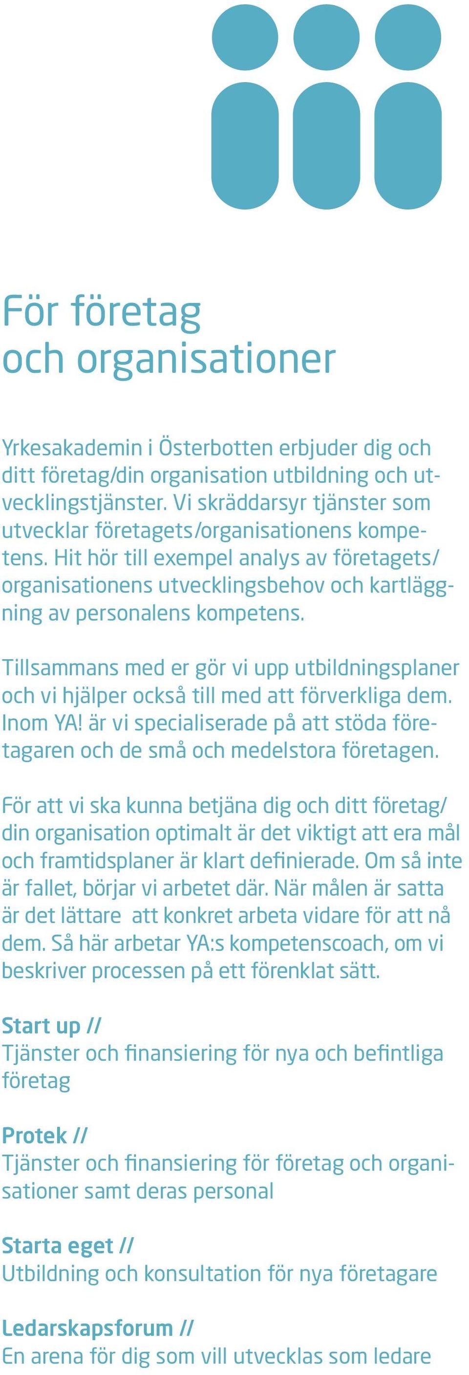 Tillsammans med er gör vi upp utbildningsplaner och vi hjälper också till med att förverkliga dem. Inom YA! är vi specialiserade på att stöda företagaren och de små och medelstora företagen.