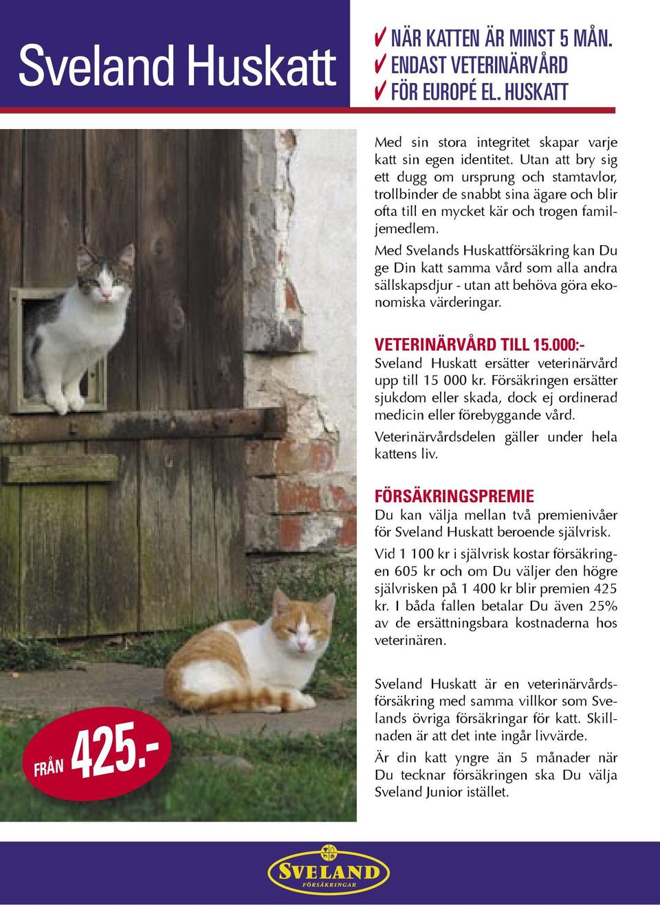 Med Svelands Huskattförsäkring kan Du ge Din katt samma vård som alla andra sällskapsdjur - utan att behöva göra ekonomiska värderingar. VETERINÄRVÅRD TILL 15.