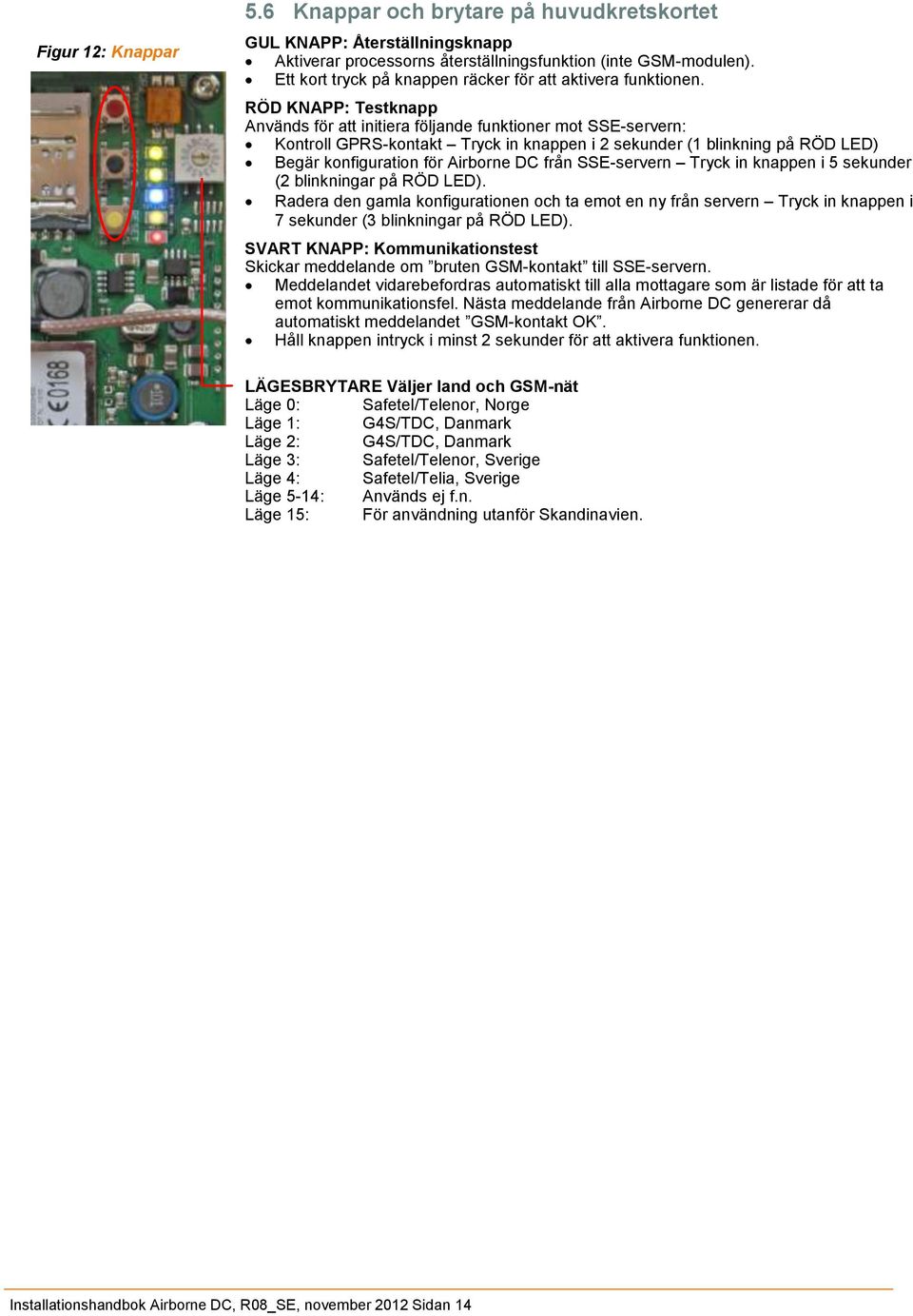 RÖD KNAPP: Testknapp Används för att initiera följande funktioner mot SSE-servern: Kontroll GPRS-kontakt Tryck in knappen i 2 sekunder (1 blinkning på RÖD LED) Begär konfiguration för Airborne DC