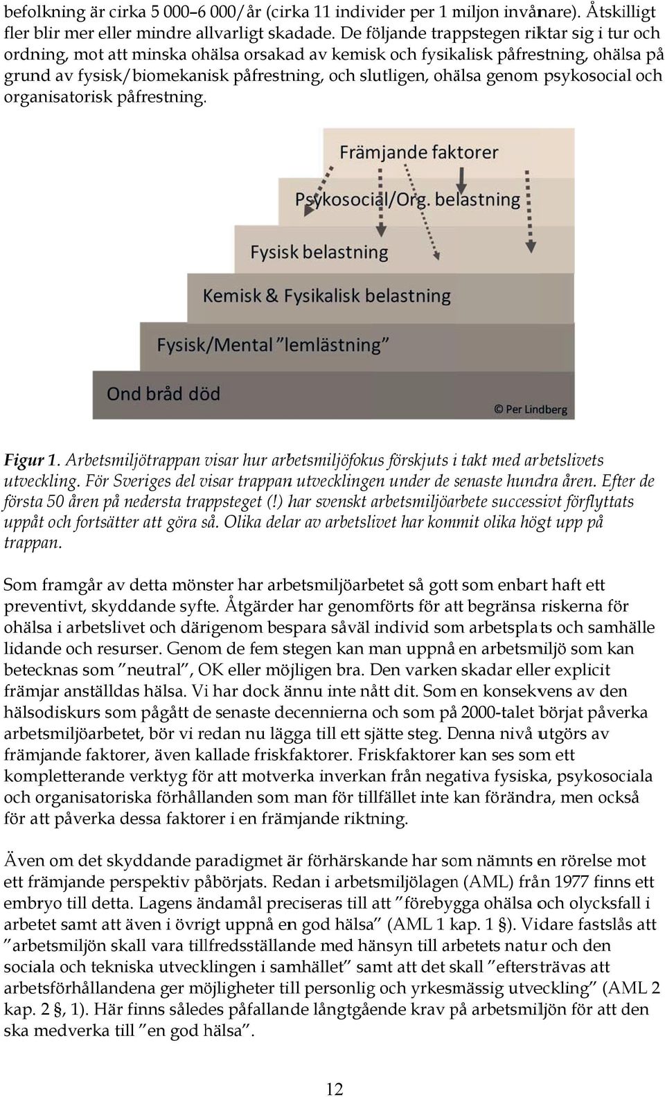 genom psykosocial och organisatorisk påfrestning.. Figur 1. Arbetsmiljötrappan visar hur arbetsmiljöfokus förskjuts i takt med arbetslivets utveckling.