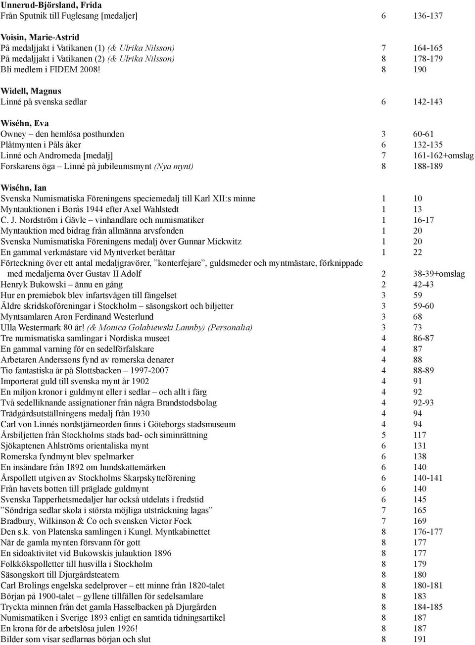 8 190 Widell, Magnus Linné på svenska sedlar 6 142-143 Wiséhn, Eva Owney den hemlösa posthunden 3 60-61 Plåtmynten i Påls åker 6 132-135 Linné och Andromeda [medalj] 7 161-162+omslag Forskarens öga