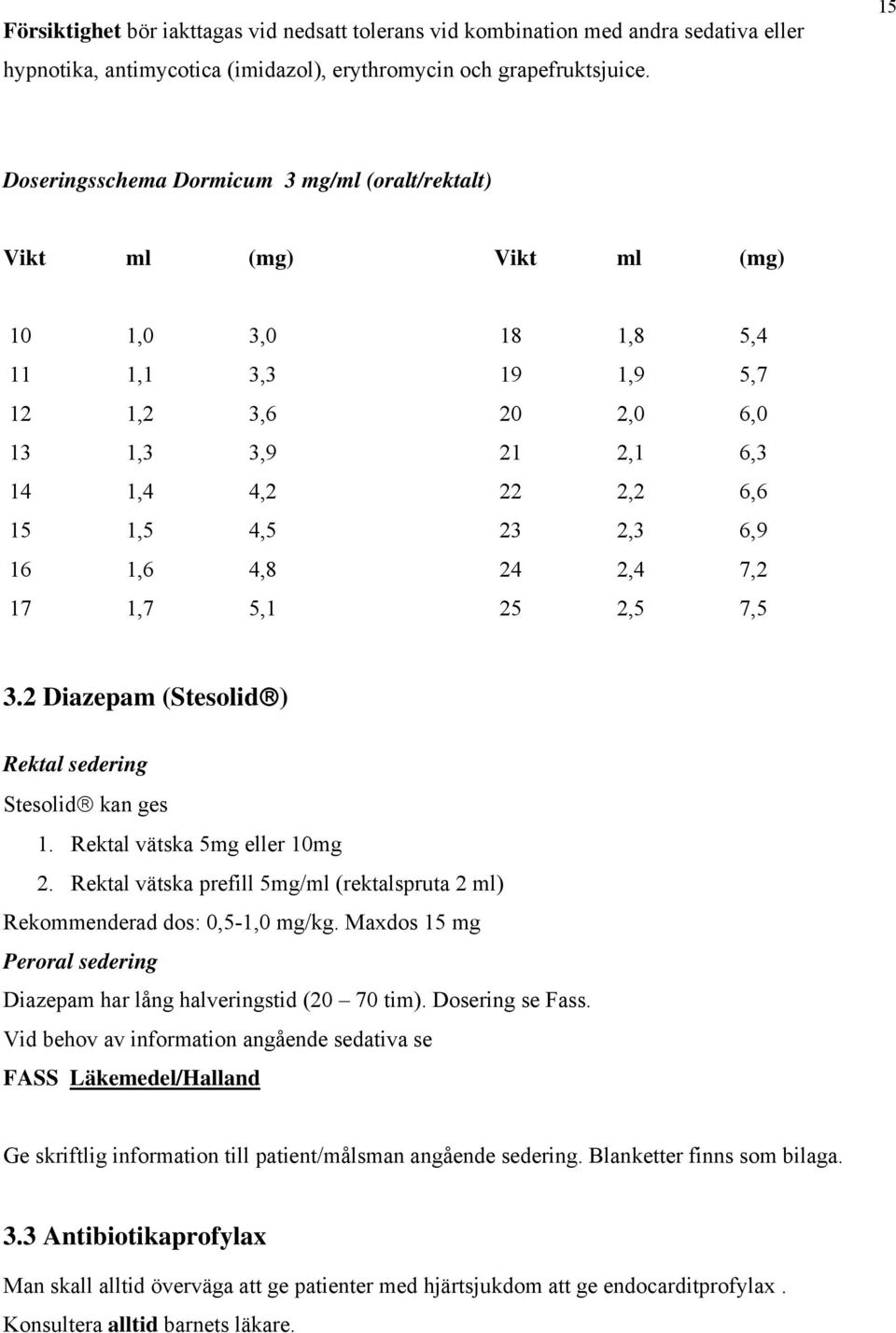 23 2,3 6,9 16 1,6 4,8 24 2,4 7,2 17 1,7 5,1 25 2,5 7,5 3.2 Diazepam (Stesolid) Rektal sedering Stesolid kan ges 1. Rektal vätska 5mg eller 10mg 2.