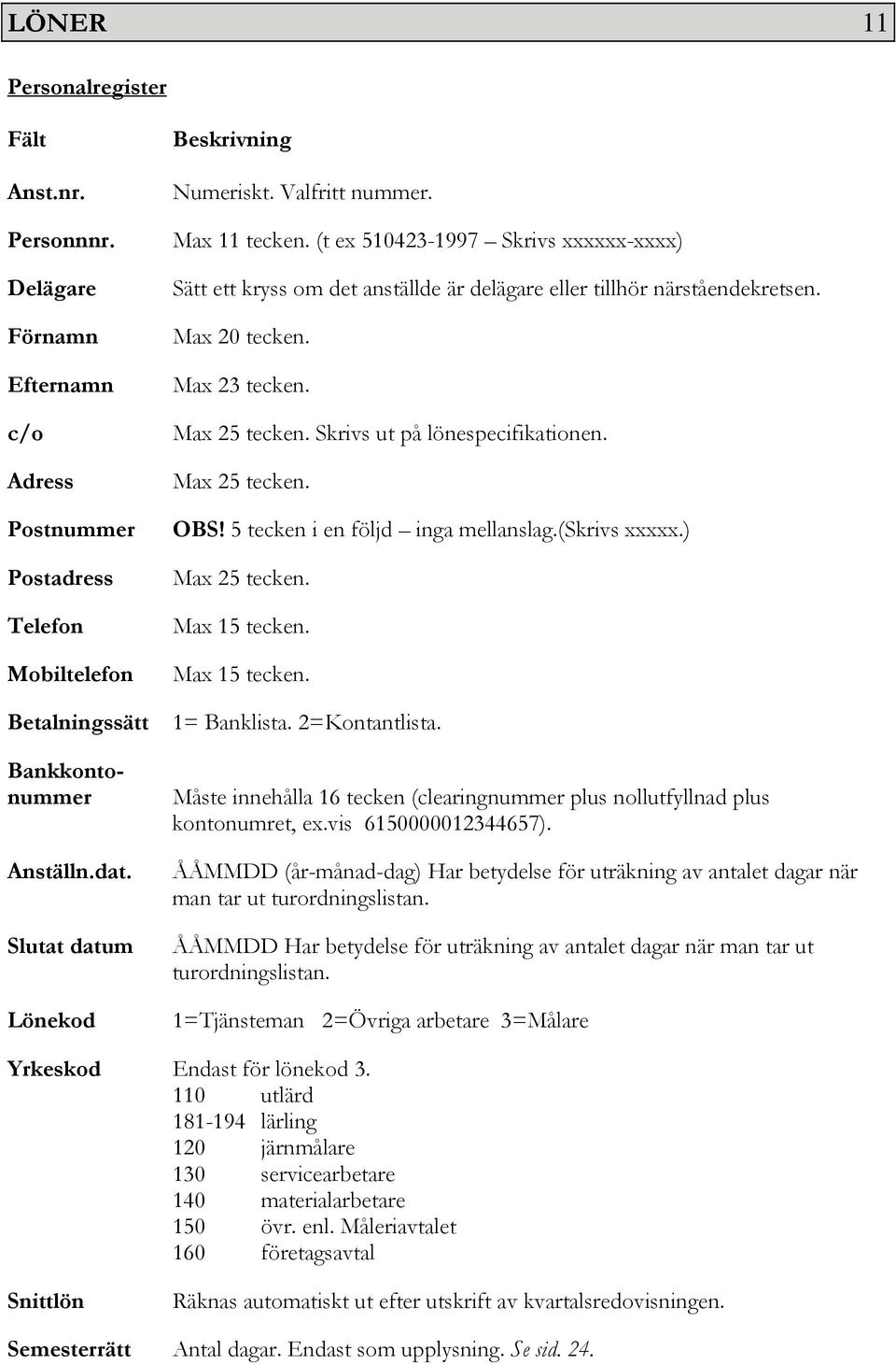 Max 20 tecken. Max 23 tecken. Max 25 tecken. Skrivs ut på lönespecifikationen. Max 25 tecken. OBS! 5 tecken i en följd inga mellanslag.(skrivs xxxxx.) Max 25 tecken. Max 15 tecken. Max 15 tecken. 1= Banklista.