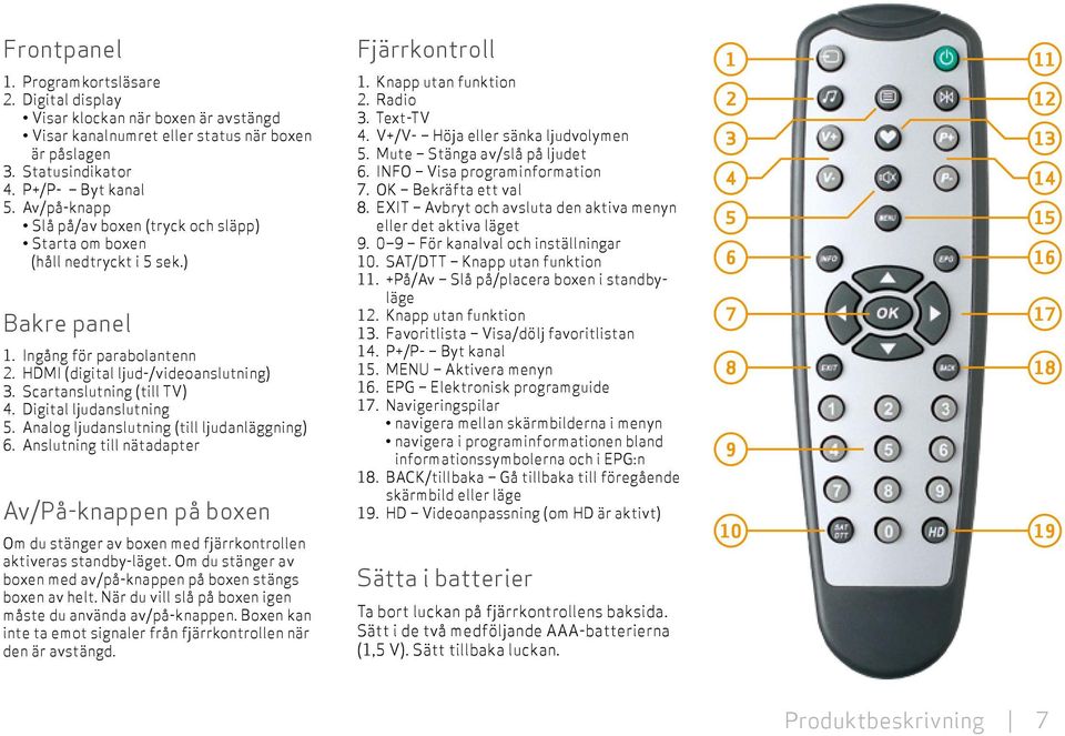 Digital ljudanslutning 5. Analog ljudanslutning (till ljudanläggning) 6. Anslutning till nätadapter Av/På-knappen på boxen Om du stänger av boxen med fjärrkontrollen aktiveras standby-läget.