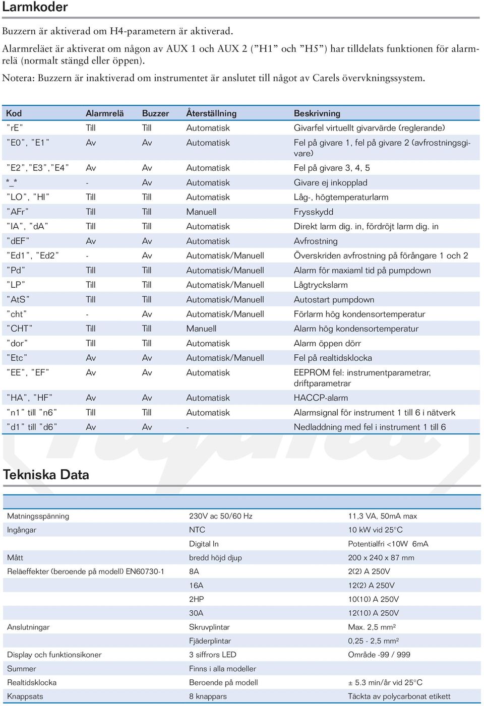 Kod Alarmrelä Buzzer Återställning Beskrivning re Till Till Automatisk Givarfel virtuellt givarvärde (reglerande) E0, E1 Av Av Automatisk Fel på givare 1, fel på givare 2 (avfrostningsgivare) E2, E3,