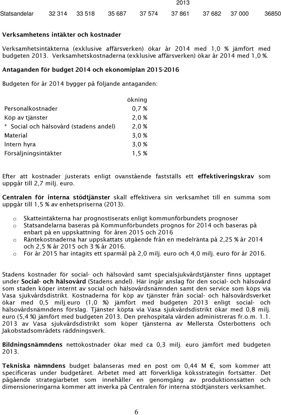 Antaganden för budget 2014 och ekonomiplan 2015-2016 Budgeten för år 2014 bygger på följande antaganden: ökning Personalkostnader 0,7 % Köp av tjänster 2,0 % * Social och hälsovård (stadens andel)