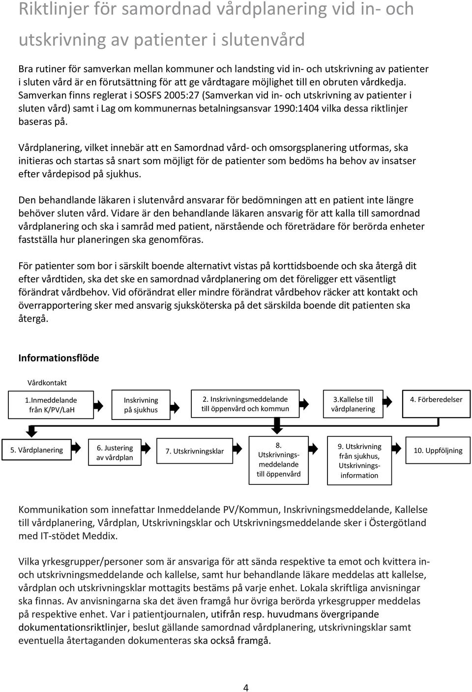 Samverkan finns reglerat i SOSFS 2005:27 (Samverkan vid in- och utskrivning av patienter i sluten vård) samt i Lag om kommunernas betalningsansvar 1990:1404 vilka dessa riktlinjer baseras på.