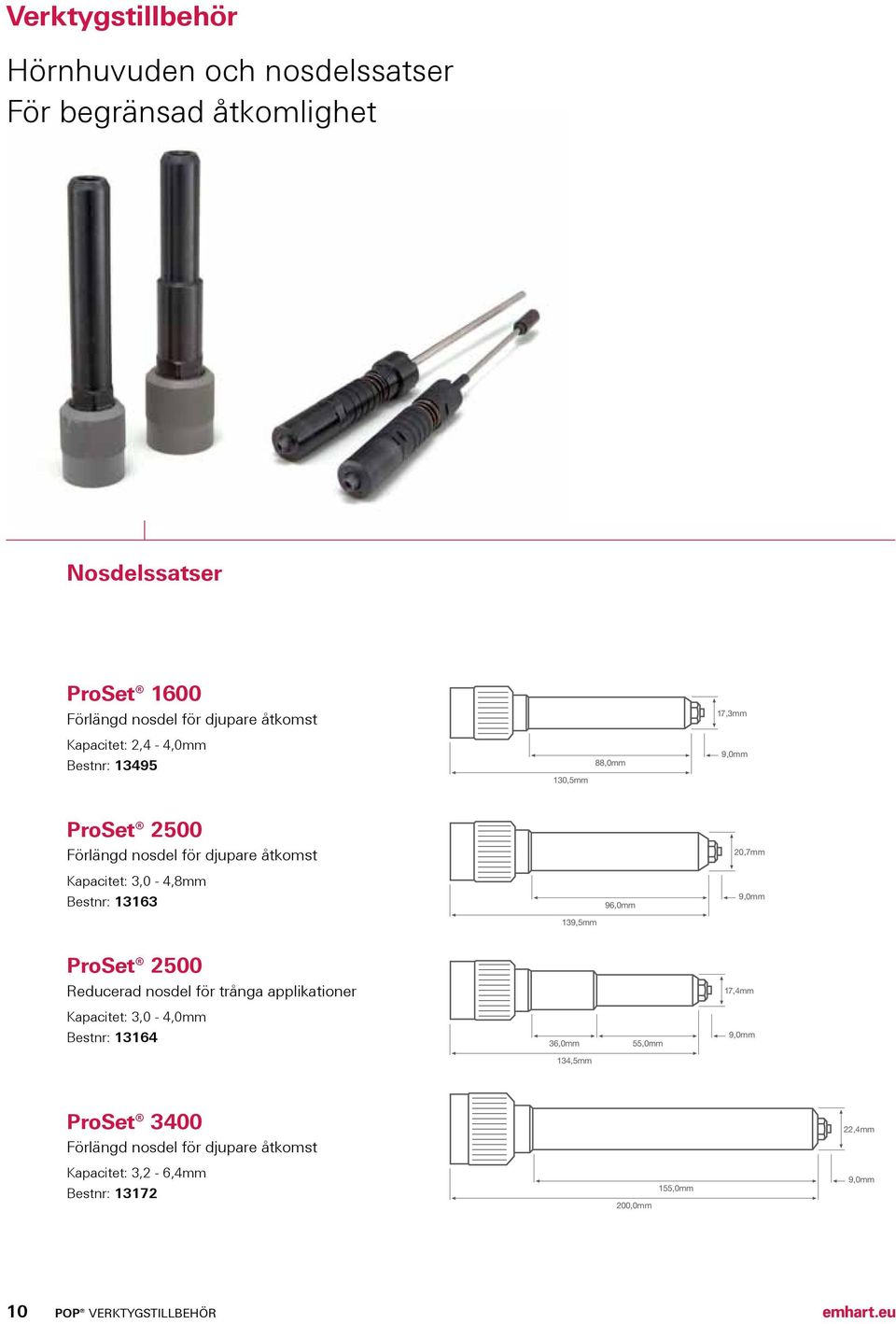 13163 96,0mm 9,0mm 139,5mm ProSet 2500 Reducerad nosdel för trånga applikationer 17,4mm Kapacitet: 3,0-4,0mm Bestnr: 13164 36,0mm 55,0mm 9,0mm