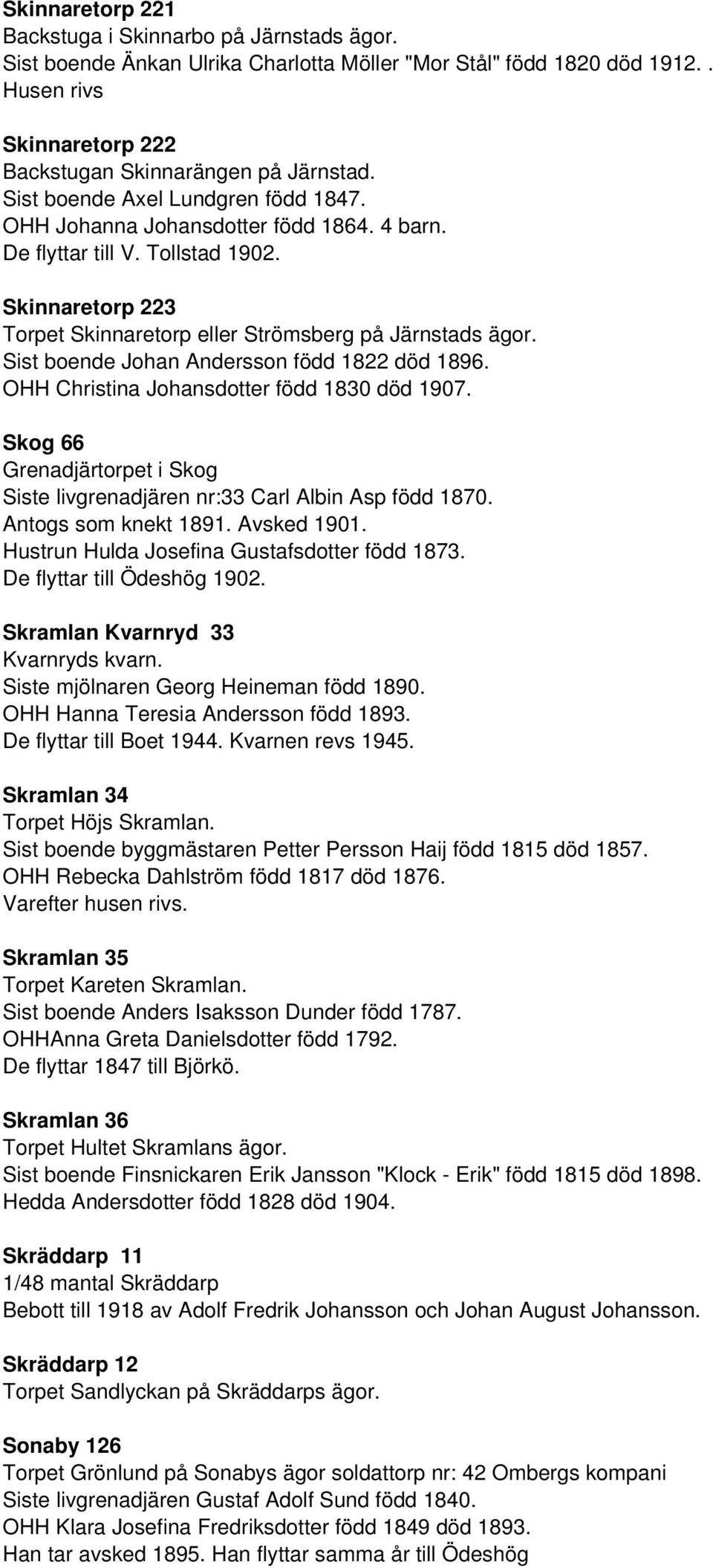 Sist boende Johan Andersson född 1822 död 1896. OHH Christina Johansdotter född 1830 död 1907. Skog 66 Grenadjärtorpet i Skog Siste livgrenadjären nr:33 Carl Albin Asp född 1870.