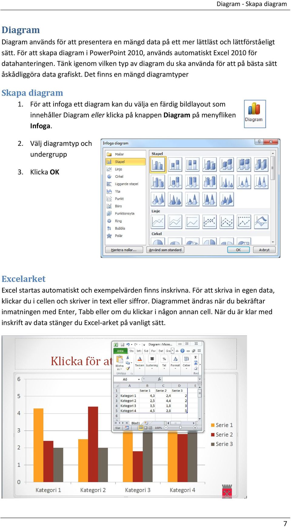 Det finns en mängd diagramtyper Skapa diagram 1. För att infoga ett diagram kan du välja en färdig bildlayout som innehåller Diagram eller klicka på knappen Diagram på menyfliken Infoga. 2.