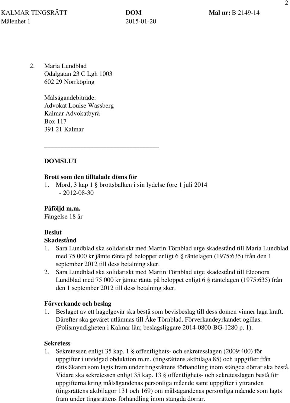 Sara Lundblad ska solidariskt med Martin Törnblad utge skadestånd till Maria Lundblad med 75 000 kr jämte ränta på beloppet enligt 6 räntelagen (1975:635) från den 1 september 2012 till dess