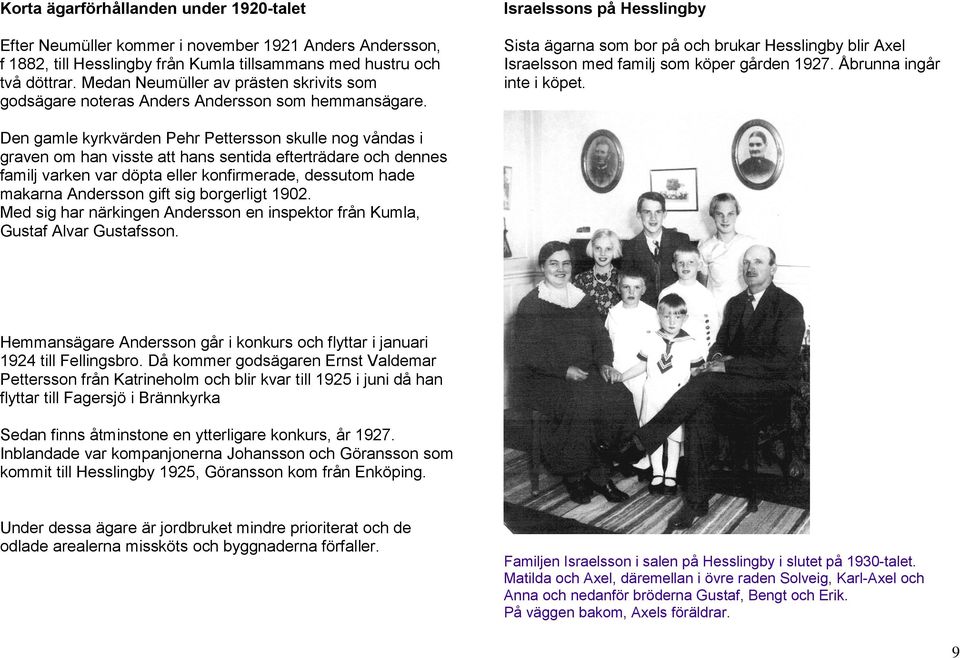 Israelssons på Hesslingby Sista ägarna som bor på och brukar Hesslingby blir Axel Israelsson med familj som köper gården 1927. Åbrunna ingår inte i köpet.