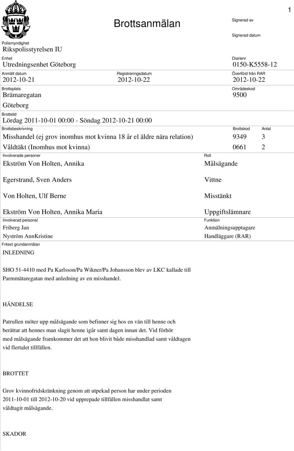 18 år el äldre nära relation) 9349 3 Våldtäkt (Inomhus mot kvinna) 0661 2 Involverade personer Ekström Von Holten, Annika Roll Målsägande 1 Egerstrand, Sven Anders Von Holten, Ulf Berne Ekström Von