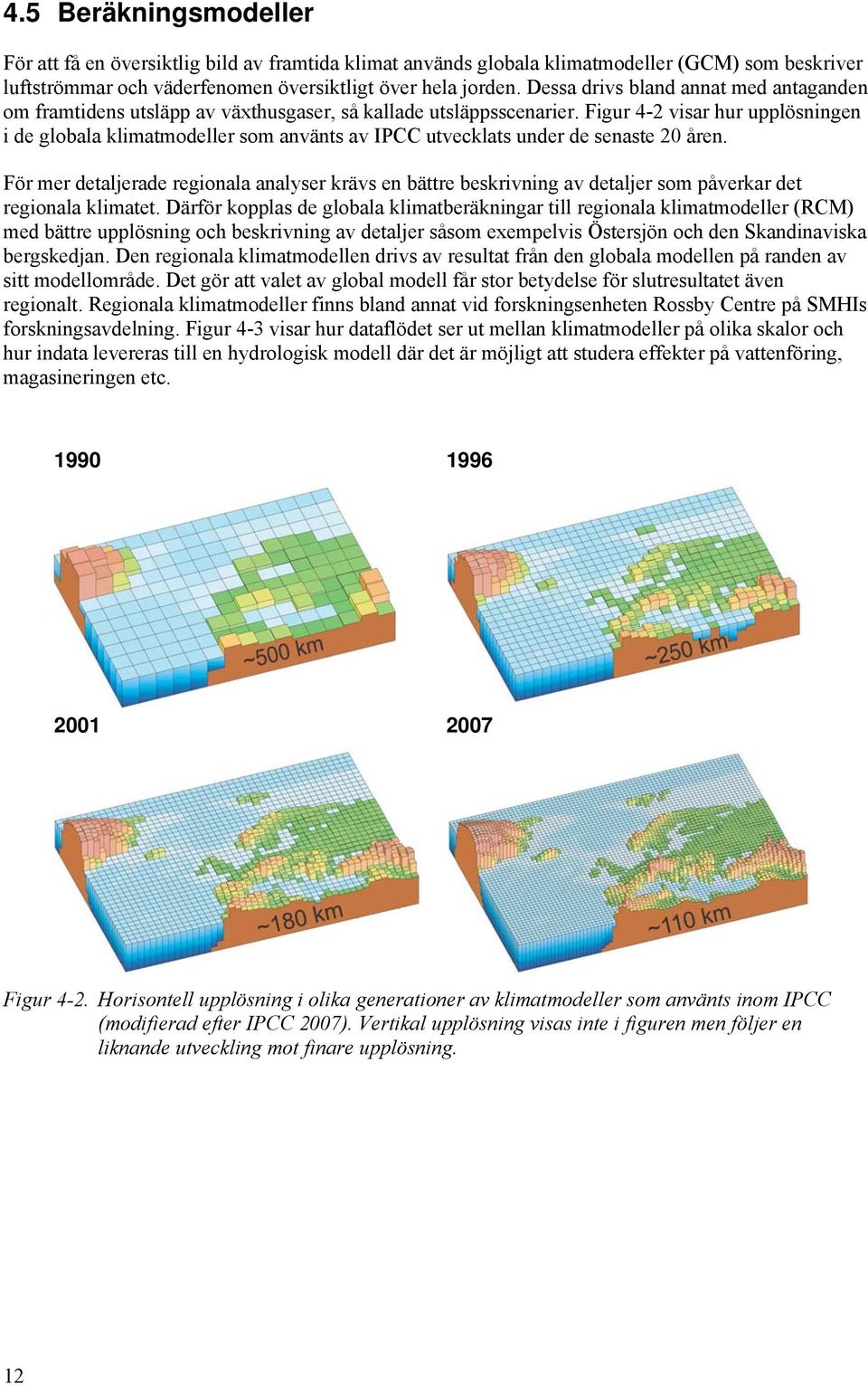 Figur 4-2 visar hur upplösningen i de globala klimatmodeller som använts av IPCC utvecklats under de senaste 20 åren.