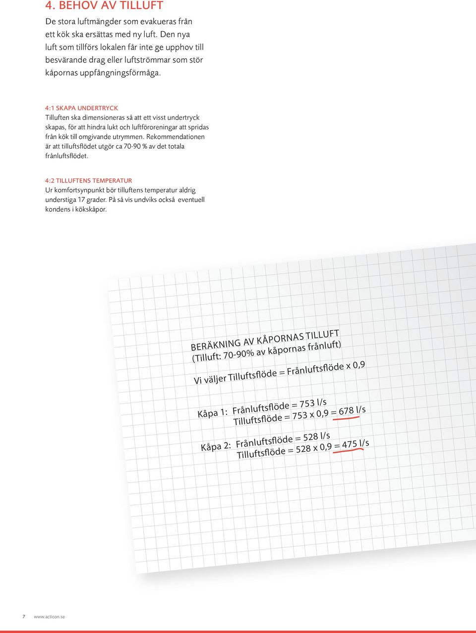 4:1 Skapa undertryck Tilluften ska dimensioneras så att ett visst undertryck skapas, för att hindra lukt och luftföroreningar att spridas från kök till omgivande utrymmen.