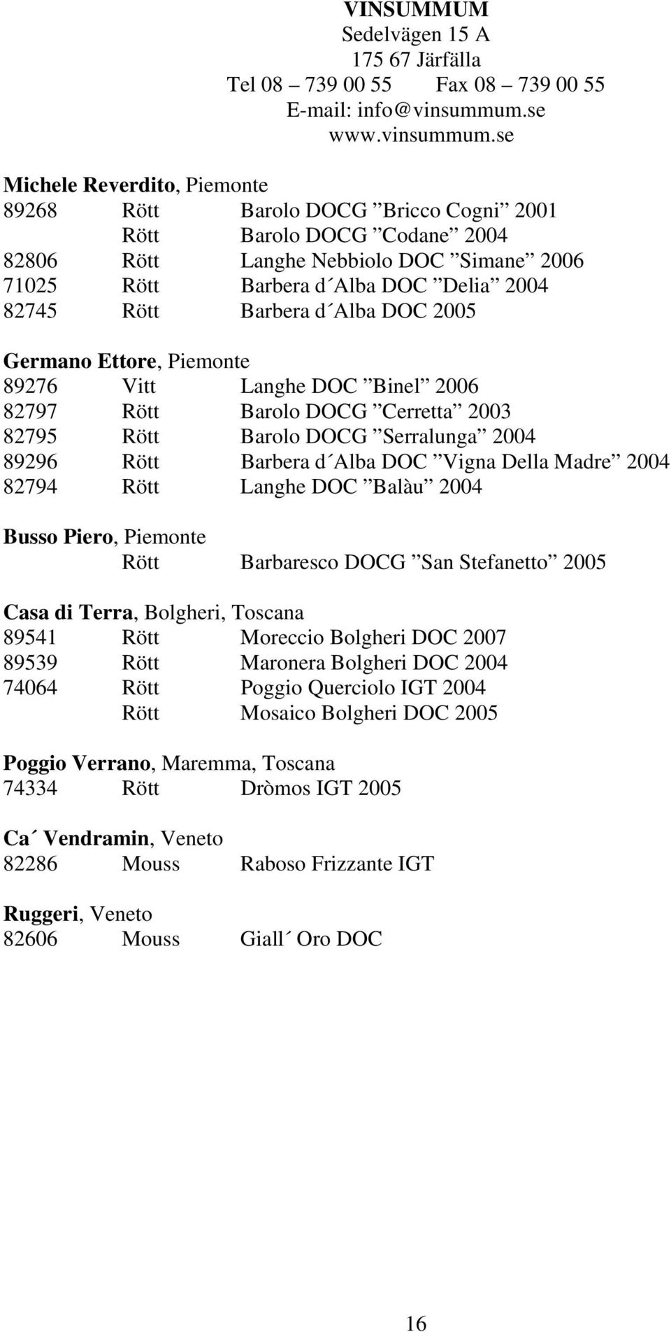 se Michele Reverdito, Piemonte 89268 Rött Barolo DOCG Bricco Cogni 2001 Rött Barolo DOCG Codane 2004 82806 Rött Langhe Nebbiolo DOC Simane 2006 71025 Rött Barbera d Alba DOC Delia 2004 82745 Rött