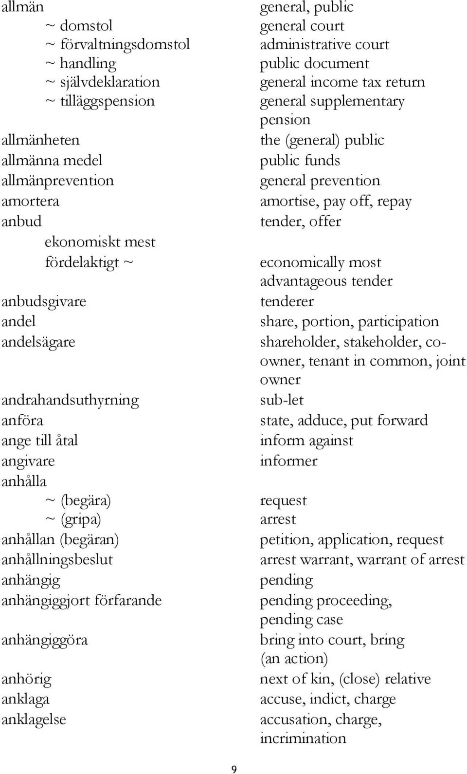 fördelaktigt ~ economically most advantageous tender anbudsgivare tenderer andel share, portion, participation andelsägare shareholder, stakeholder, coowner, tenant in common, joint owner