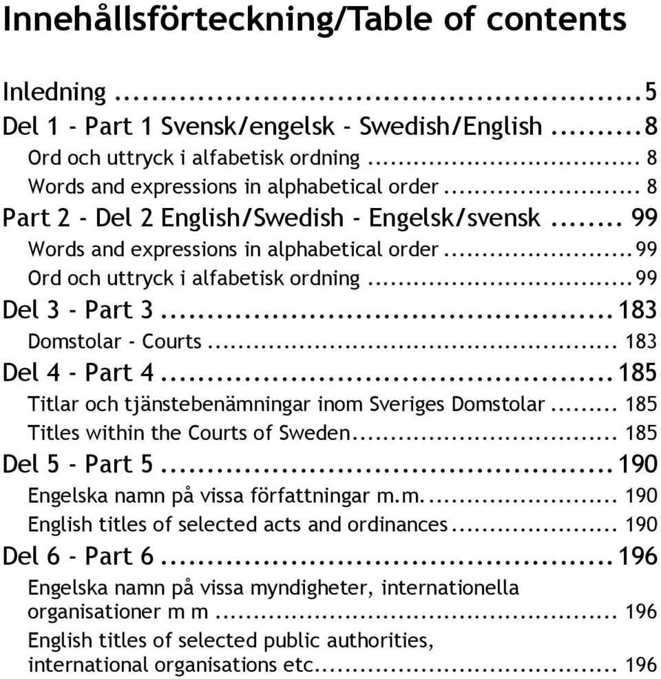 .. 183 Del 4 - Part 4... 185 Titlar och tjänstebenämningar inom Sveriges Domstolar... 185 Titles within the Courts of Sweden... 185 Del 5 - Part 5... 190 Engelska namn på vissa författningar m.m.... 190 English titles of selected acts and ordinances.