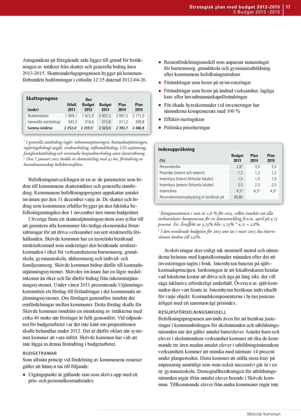 Skatteprognos Rev Utfall Budget Budget Plan Plan (mnkr) 2011 2012 2013 2014 2015 Skatteintäkter 1 909,1 1 922,9 2 007,2 2 081,5 2 171,0 Generella statsbidrag 1 343,3 316,6 315,8 311,2 309,8 Summa