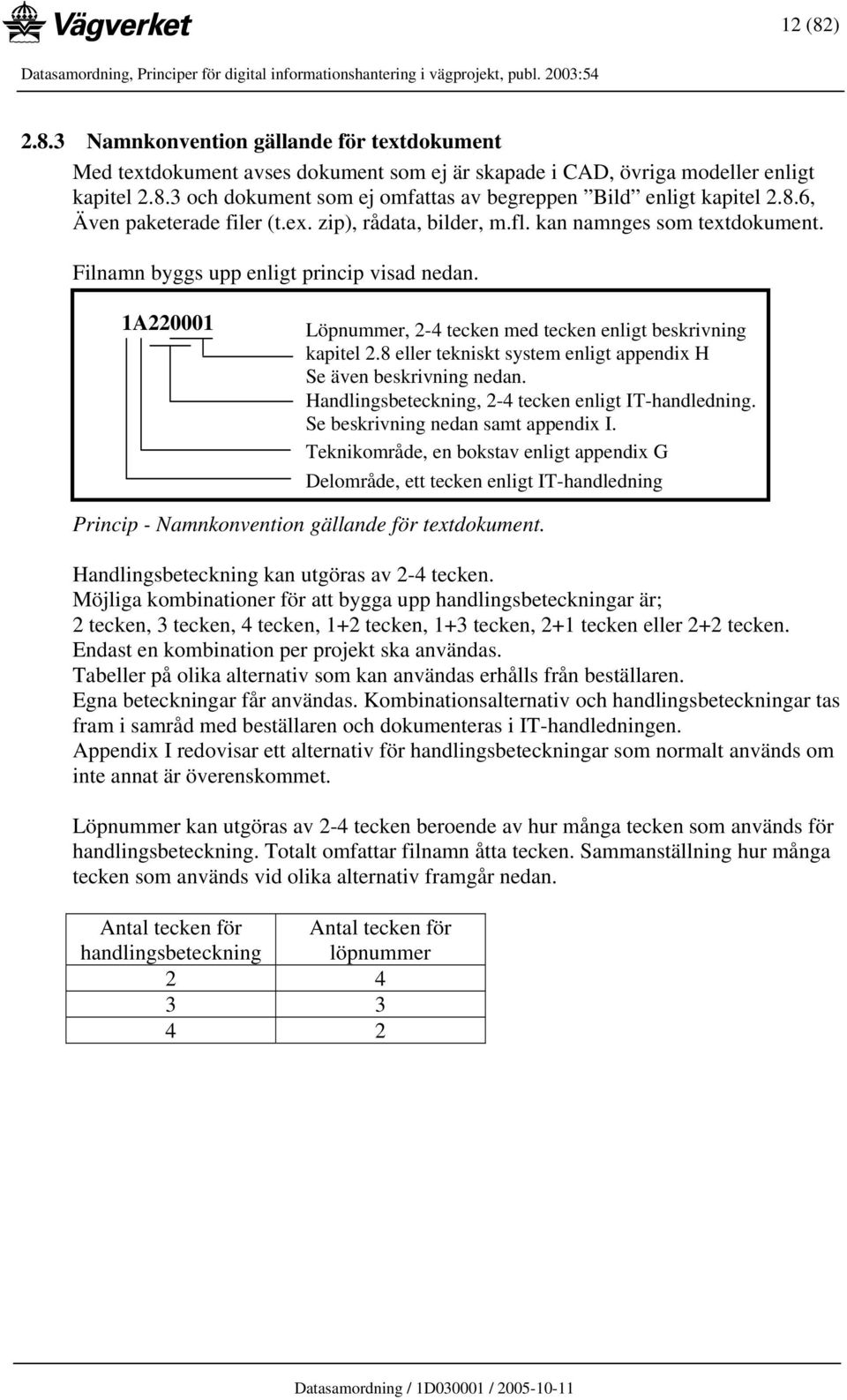 1A220001 Löpnummer, 2-4 tecken med tecken enligt beskrivning kapitel 2.8 eller tekniskt system enligt appendix H Se även beskrivning nedan. Handlingsbeteckning, 2-4 tecken enligt IT-handledning.