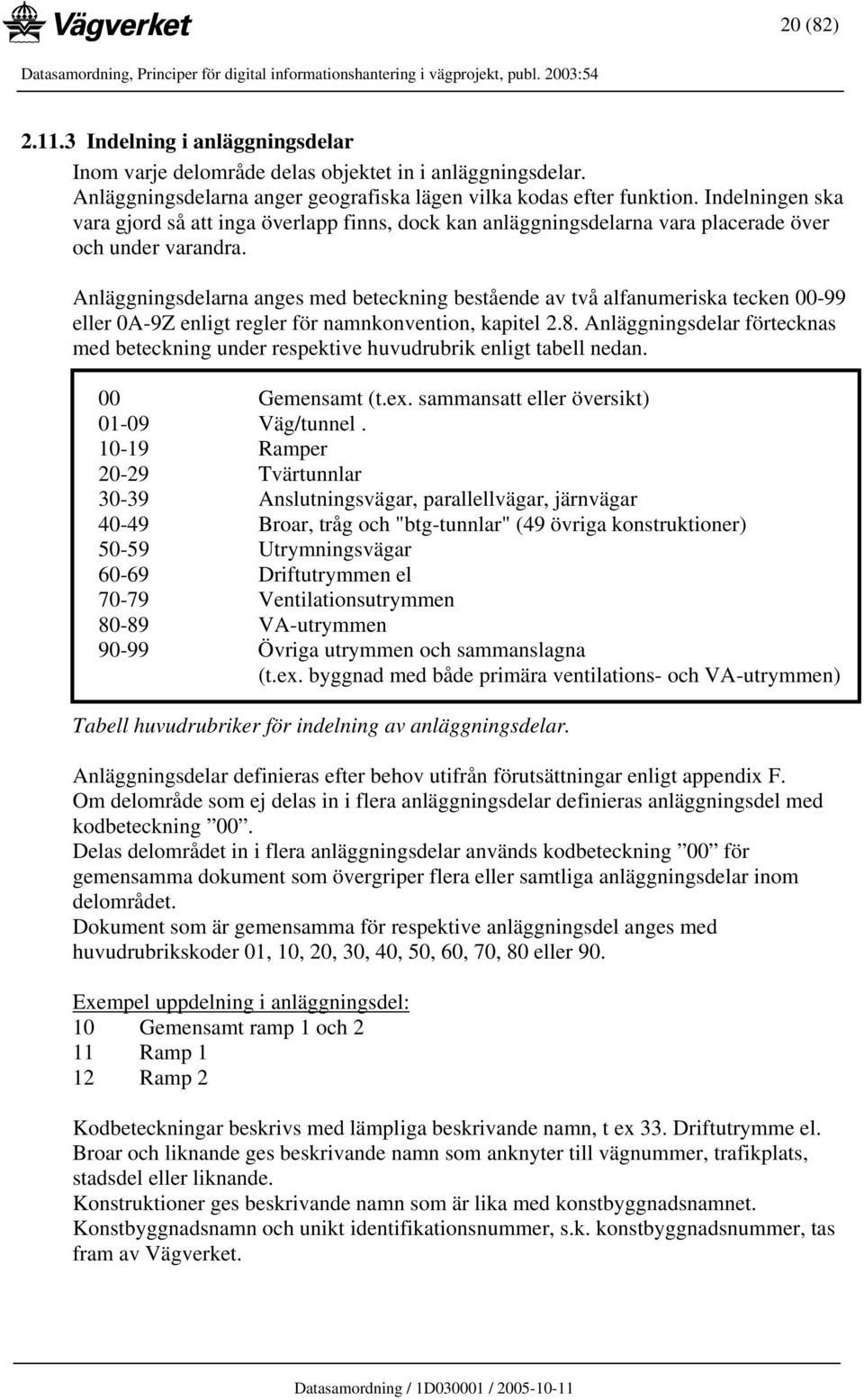 Anläggningsdelarna anges med beteckning bestående av två alfanumeriska tecken 00-99 eller 0A-9Z enligt regler för namnkonvention, kapitel 2.8.