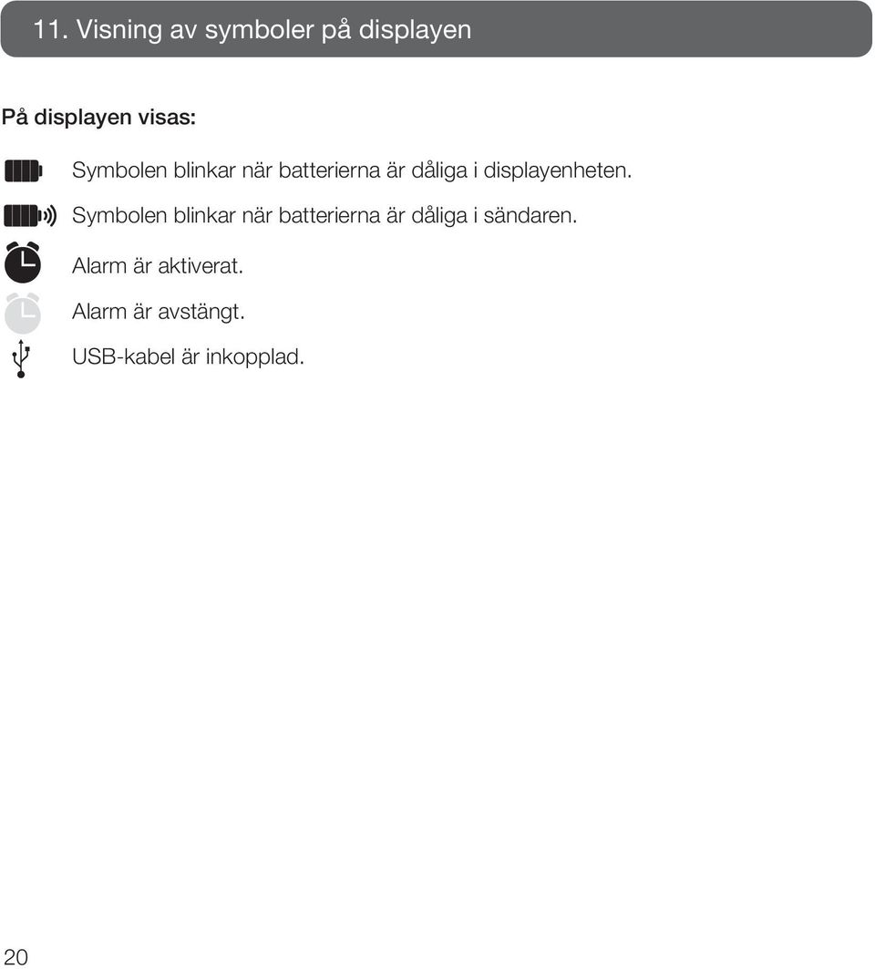 Symbolen blinkar när batterierna är dåliga i sändaren.