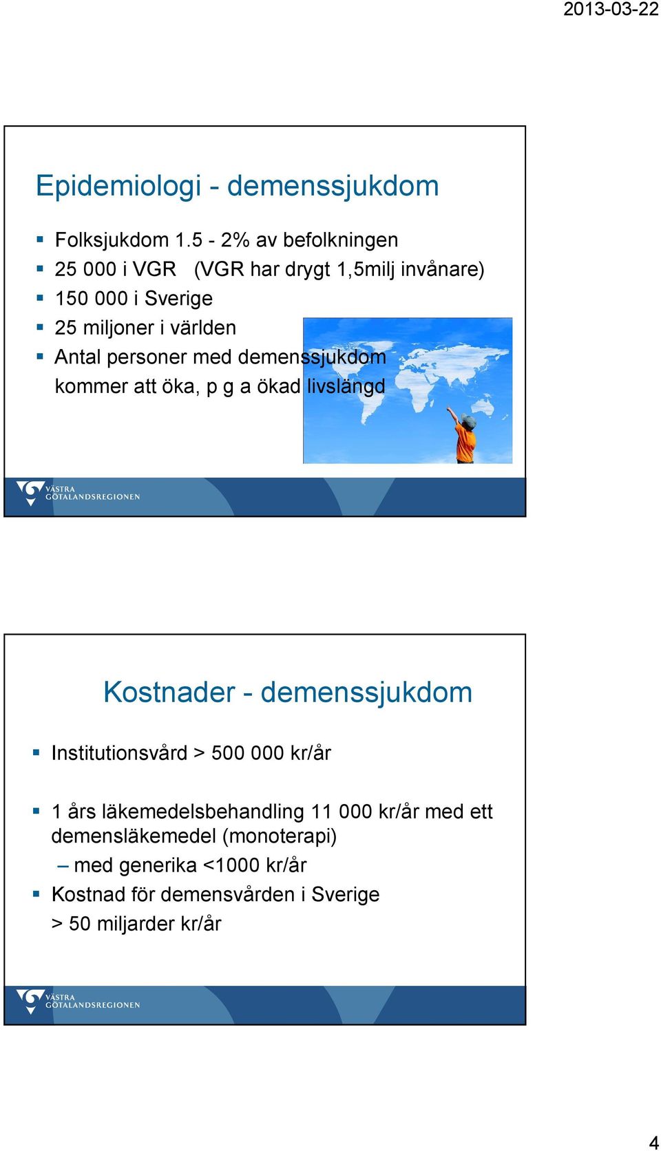 Antal personer med demenssjukdom kommer att öka, p g a ökad livslängd Kostnader - demenssjukdom