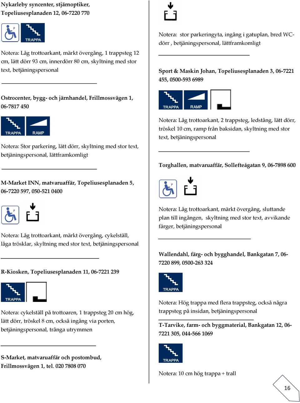 bygg- och järnhandel, Frillmossvägen 1, 06-7817 450 Notera: Stor parkering, lätt dörr, skyltning med stor text, betjäningspersonal, lättframkomligt Notera: Låg trottoarkant, 2 trappsteg, ledstång,