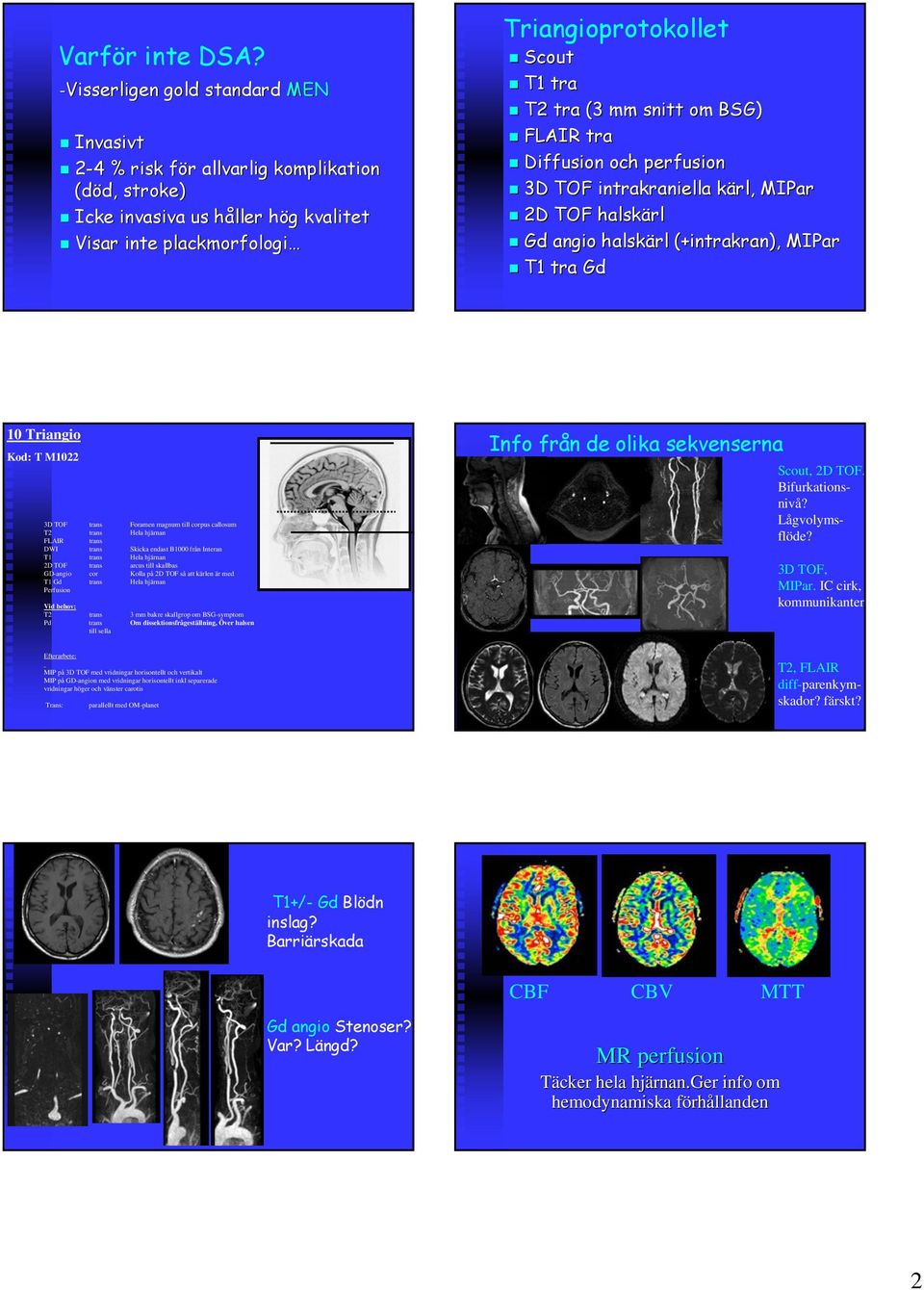 mm snitt om BSG) FLAIR tra Diffusion och perfusion 3D TOF intrakraniella kärl, MIPar 2D TOF halskärl Gd angio halskärl (+intrakran intrakran), MIPar T1 tra Gd 10 Triangio Kod: T M1022 3D TOF trans