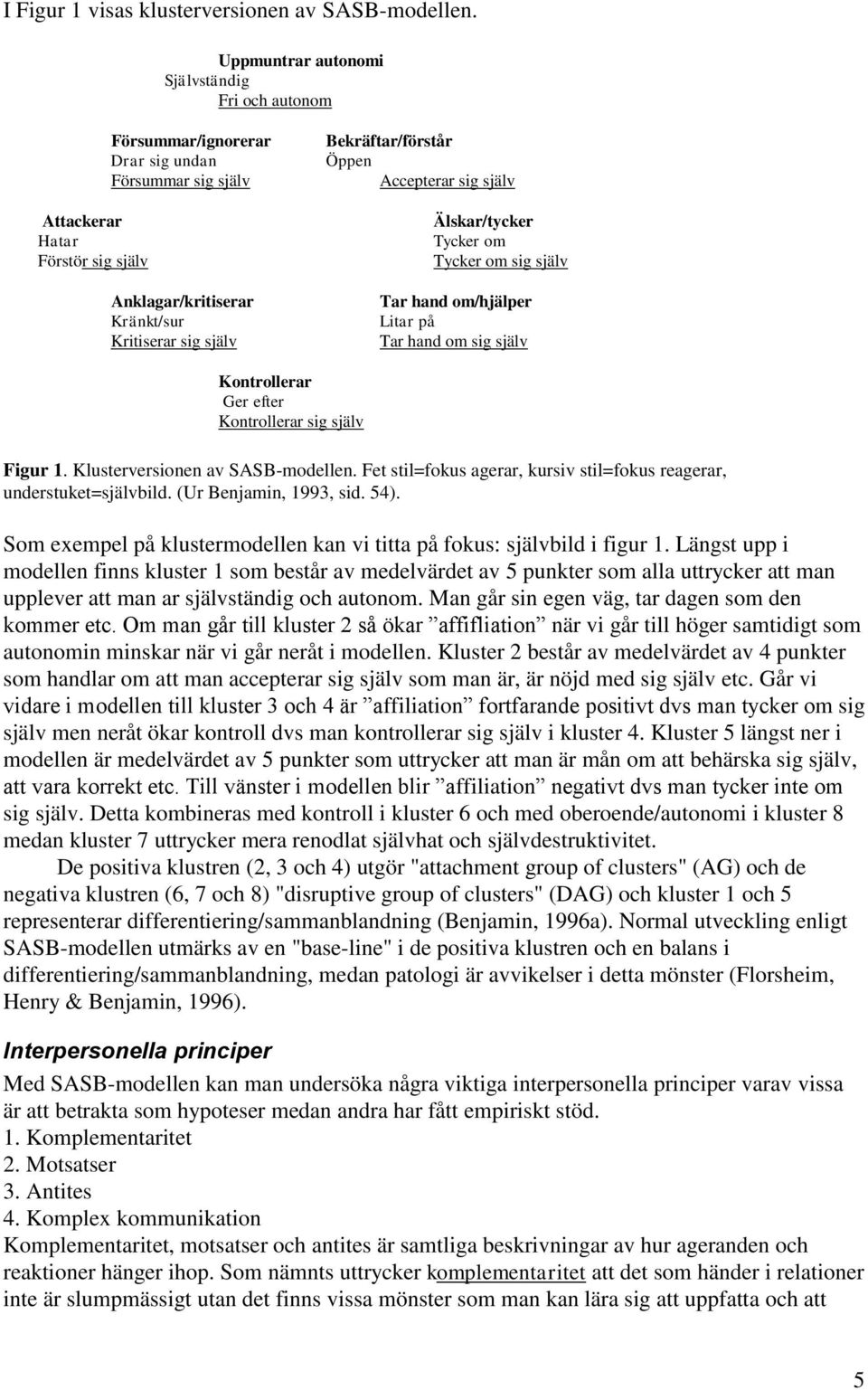 Accepterar sig Älskar/tycker Tycker om Tycker om sig Tar hand om/hjälper Litar på Tar hand om sig Kontrollerar Ger efter Kontrollerar sig Figur 1. Klusterversionen av SASB-modellen.