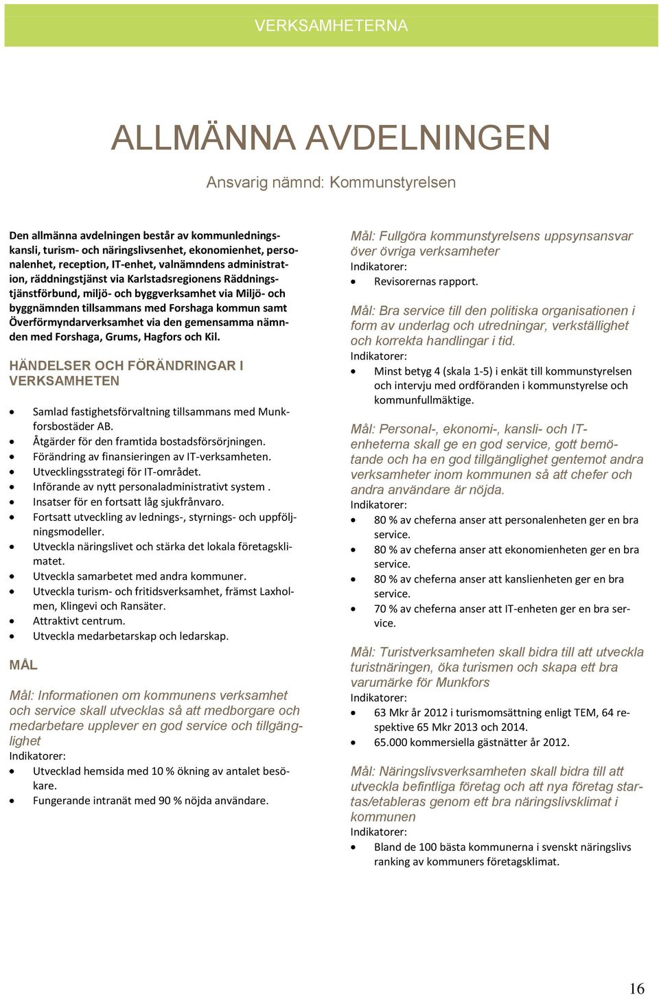 Överförmyndarverksamhet via den gemensamma nämnden med Forshaga, Grums, Hagfors och Kil. HÄNDELSER OCH FÖRÄNDRINGAR I VERKSAMHETEN MÅL Samlad fastighetsförvaltning tillsammans med Munkforsbostäder AB.