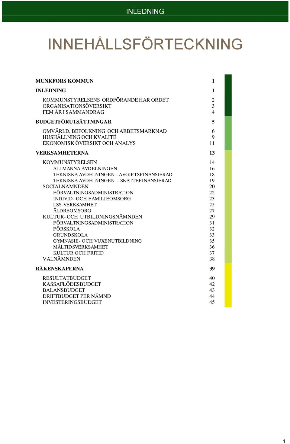 TEKNISKA AVDELNINGEN - SKATTEFINANSIERAD 19 SOCIALNÄMNDEN 20 FÖRVALTNINGSADMINISTRATION 22 INDIVID- OCH FAMILJEOMSORG 23 LSS-VERKSAMHET 25 ÄLDREOMSORG 27 KULTUR- OCH UTBILDNINGSNÄMNDEN 29