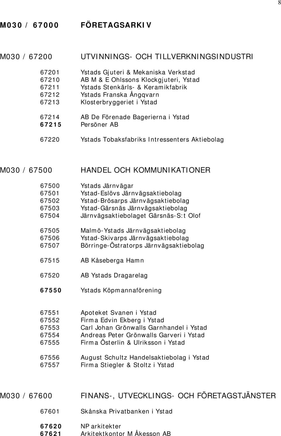 HANDEL OCH KOMMUNIKATIONER 67500 Ystads Järnvägar 67501 Ystad-Eslövs Järnvägsaktiebolag 67502 Ystad-Brösarps Järnvägsaktiebolag 67503 Ystad-Gärsnäs Järnvägsaktiebolag 67504 Järnvägsaktiebolaget