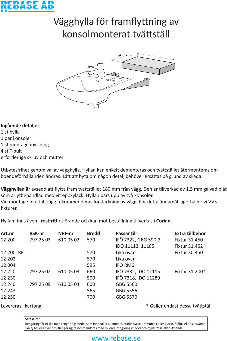 Vägghyllan är avsedd att flytta fram tvättstället 180 mm från vägg. Den är tillverkad av 1,5 mm galvad plåt som är ytbehandlad med vit epoxylack. Hyllan bärs upp av två konsoler.